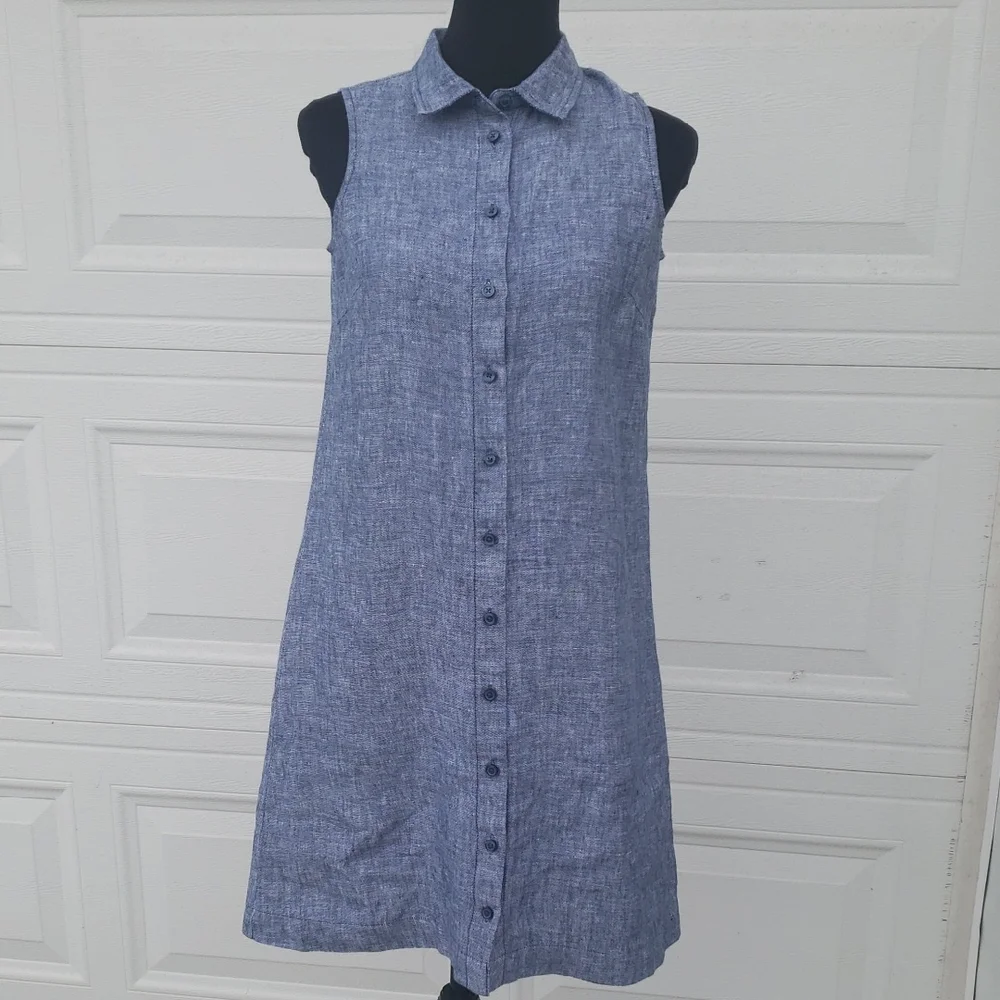 Garnet Hill 100% Linen Classic Full Button Front Shirtdress Size 2 Coastal Blue - Picture 2 of 16